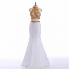 Modern Two Piece High Neck Gold Crystal Beaded White Stain Long Prom Dress [PS1717] - $165.99 :