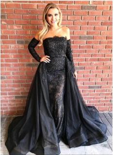 $299 Gorgeous Black Long Sleeves Evening Gowns 2018 Sheath Beads Prom Dresses with Over-Skirt