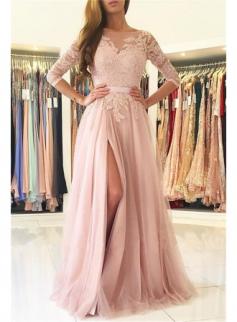 $167 Half Sleeves Lace Appliques Pink Evening Dresses Front Split Tulle Prom Dress 2018 BA7488