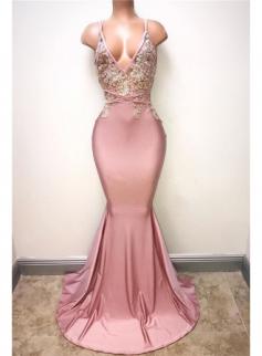 $167 V-neck Pink Evening Dress Straps Beads Appliques Mermaid Sexy Prom Dress 2017 MQ0