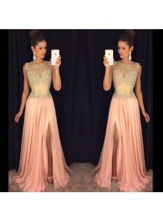 $198 A-line Front-Split Gorgeous Sleeveless Beads Chiffon Prom Dress