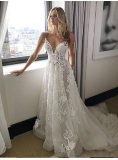$169 Elegant Spaghetti Straps Tulle Wedding Dresses 2018 Lace-Applique A-line Bridal Gowns