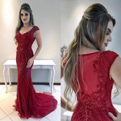 Luxury Abendkleider In Rot Perlen Meerjungfrau Abiballkleider Lang Günstig