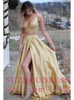 $169 Sexy Gold Two Pieces V-Neck Evening Dresses | 2018 V-Neck Sleeveless Crystal Prom Dress