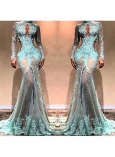 $179 Glamorous Mermaid Long Sleeves Evening Dresses | 2018 High Neck Sheer Appliques Prom Dresses