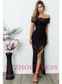 $109 Black Off Shoulder Lace Evening Dresses | 2018 Lace Sheath Ankle Length Formal Dress