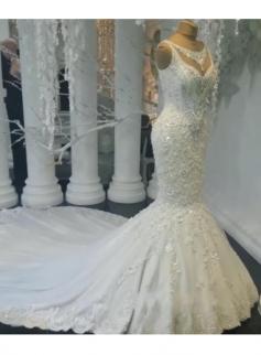 Modern Weiße Brautkleider Spitze Meerjungfrau Hochzeitskleider Bodenlang Günstig