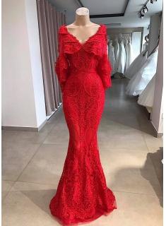 Elegante Abendkleider Lang mit Ärmel | Rotes Spitzenkleid