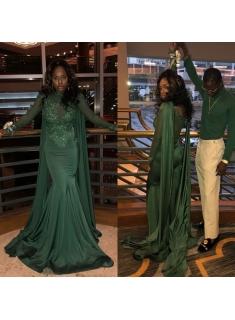 Mermaid Sexy Long Lace Sleeves Prom Gown | Green Crew Sweep Train Prom Dresses