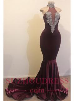 High Neck Silver Beads Appliques Velvet Prom Dresses Cheap | Mermaid Open Back Sexy Evening Gowns 2019
