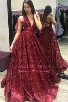 Sexy Sequins Open-Back Prom Dresses 2019 | Elegant A-Line V-Neck Evening Dresses