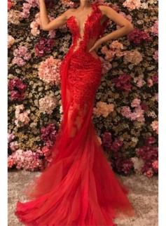 Sexy Red One Shoulder Sleeveless Tulle Prom Dresses | Mermaid Open Back Appliques Evening Gown