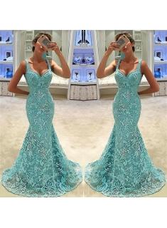 Sexy Mermaid Lace Formal Dresses | Appliques Sweep Train Sleeveless Evening Gown Long