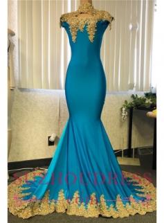 High Neck Mermaid Gold Lace Prom Dresses Cheap 2019 | Sheath Sexy Evening Gowns with Keyhole