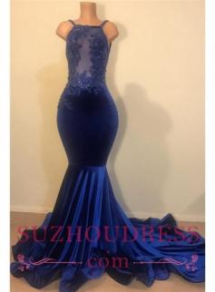Royal Blue Velvet Prom Dresses Cheap with Beads Appliques | Mermaid Backless Straps Sexy Evening Gowns 2019