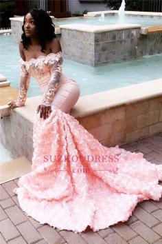 Sexy Off The Shoulder Pink Prom Dresses 2019 | Long Sleeve Lace Mermaid Flowers Cheap Evening Gowns BC1251