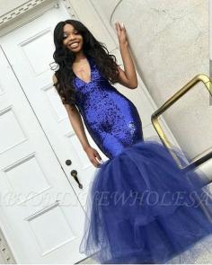 Sexy Navy Blue Mermaid Sequins Prom Dresses | Cheap Tulle Sleeveless V-Neck Evening Dresses | www.babyonlinewholesale.com