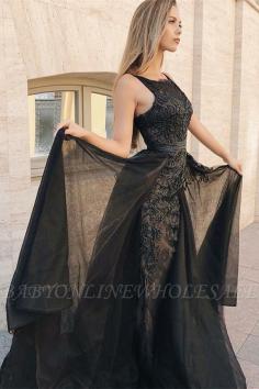 Sexy Mermaid Sleeveless Evening Gowns | Black Appliques Lace Overskirt Prom Dresses 2019 | www.babyonlinewholesale.com