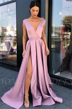 Pink Straps Deep-V-Neck Side-Slit A-Line Prom Dresses | www.babyonlinewholesale.com