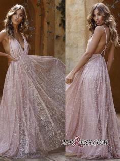 Sexy Pink Sequins A-Line Prom Dresses | Spaghetti Straps Backless Evening Dresses