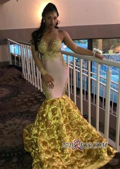 Gorgeous Long Sleeve Yellow Prom Dress | 2019 Mermaid Evening Gown With Flower Bottom