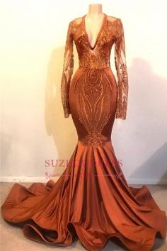 Cheap Dust Orange Mermaid Prom Dresses with Sleeves | V-neck Lace Appliques Real Evening Dress Online 2019 BC1115