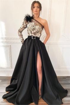 Sexy Blcak One-Shoulder Side-Slit Feather Applique Prom Dress | Suzhou UK Online Shop | Suzhoudress.co.uk