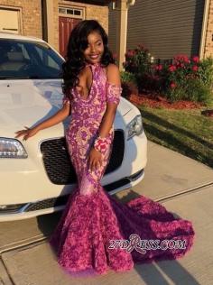 Sexy Cold Shoulder Mermaid Prom Dresses | 3D Rose Flowers Long Evening Dresses