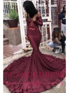 2019 Burgundy Long Sleeves Mermaid Prom Dresses | Cheap Sequins Evening Dresses Online BC1250