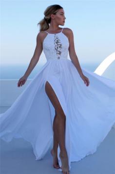 Elegant Lace Appliques Halter Prom Dresses Side slit Sleeveless Evening Dresses with Keyhole | www.27dress.co.uk