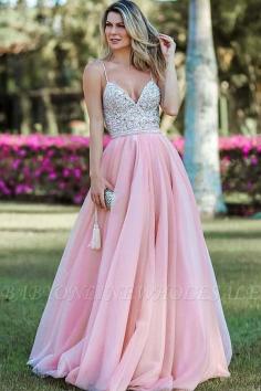 A-Line Pink Spaghetti-Straps Appliques Backless Prom Dresses | www.babyonlinewholesale.com