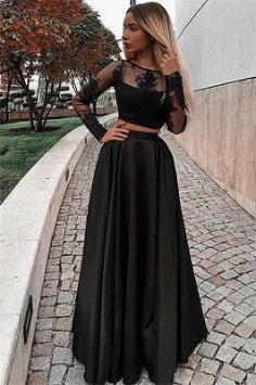 Black Sheer Tulle Long Sleeves Two-Pieces A-Line Prom Dresses | Yesbabyonline.com