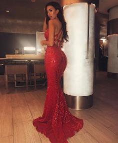 Elegant Red Lace-up Sleeveless Mermaid Floor-Length Prom Dress | Yesbabyonline.com