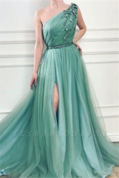 Gorgeous Appliques One-Shoulder Side Slit Tulle A-Line Prom Dresses | Yesbabyonline.com