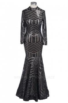 TABITHA | Mermaid Floor Length High Neck Long-Sleeves Sequined Prom Dress | www.babyonlinewholesale.com