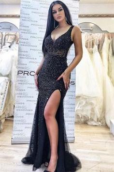 Gorgeous Black Appliques Straps Side Slit Sexy Mermaid Prom Dresses | Yesbabyonline.com