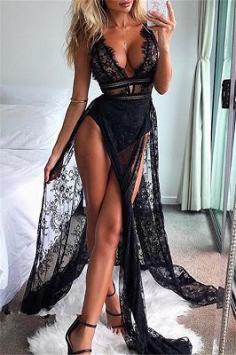 Sexy Black Straps Lace Side Slit Sexy Mermaid Prom Dresses | Yesbabyonline.com