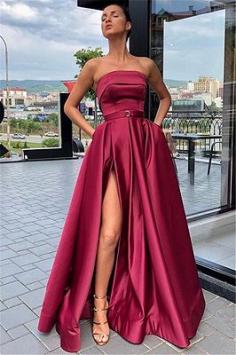 Cheap Burgundy Strapless Side-Slit Evening Gown | Yesbabyonline.com