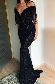 2019 Off The Shoulder Sequins Mermaid Prom Dresses | Cheap Black Tassels Strapless Evening Gowns | Yesbabyonline.com