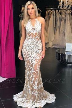 Gorgeous Lace Appliques Sheer Tulle Sexy Mermaid Prom Dress | Yesbabyonline.com