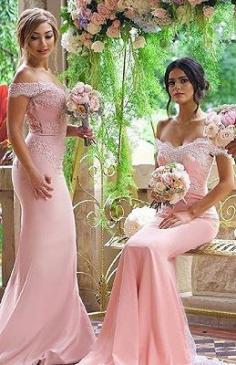 Elegant Blushing-Pink Off-the-Shoulder Lace-Appliques Long Bridesmaid Dresses | www.babyonlinewholesale.com