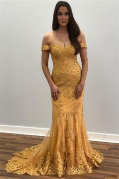 Yellow Off-The-Shoulder Appliques Tulle Sexy Mermaid Prom Dresses | Yesbabyonline.com