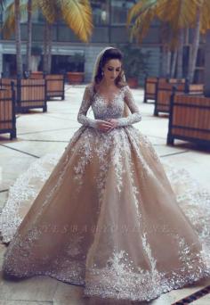 Luxury Ball Gown Prom Dresses Long Sleeves Beading Formal Dresses | Yesbabyonline.com