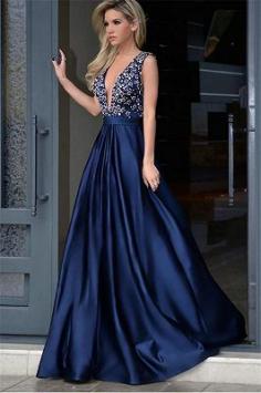 Sexy blaues abendkleid V Ausschnitt | Abendkleider Bodenlang Günstig 