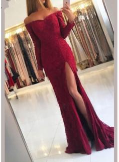Fashion Abendkleider Spitze Mit Ärmel | Rotes Abendkleid Lang Günstig