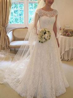 Elegantes Brautkleid Spitze Lang | Schlichte Hochzeitskleider Juwel | Babyonlinewholesale