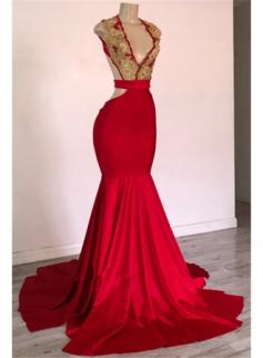Rote Abendkleider Lang V Ausschnitt | Abiballkleider Rückenfrei Online