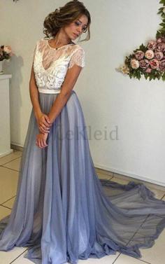 Juwel Ausschnitt Chiffon Sexy Ballkleid mit Plissierungen mit Kurzen Ärmeln