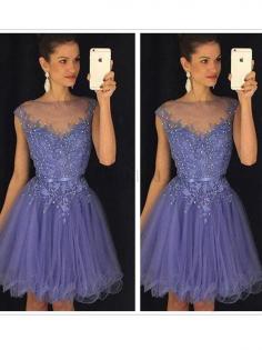 Tüll Schaufel-Ausschnitt Prinzessin Kurzes Cocktailkleid mit Applikation