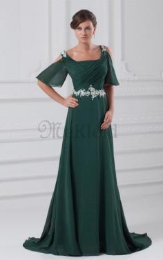 A-Linie Gerüschtes Perlenbesetztes Abendkleid aus Chiffon mit Kurzen Ärmeln